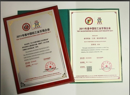 金东纸业荣获中国轻工业造纸业十强称号